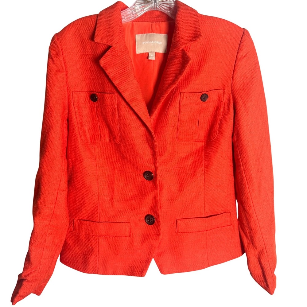 Banana Republic Blazer‎ Women 8 Orange Linen Cotton Textured Utility 532217-01